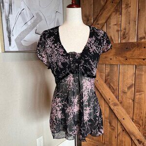 Julie’s Closet Black Sheer Lavender Floral Babydoll Top Women’s Size XL